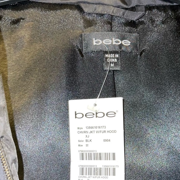 New BEBE Rabbit-Fur-Trim Hooded Puffer jacket Coat Black - Picture 7 of 9